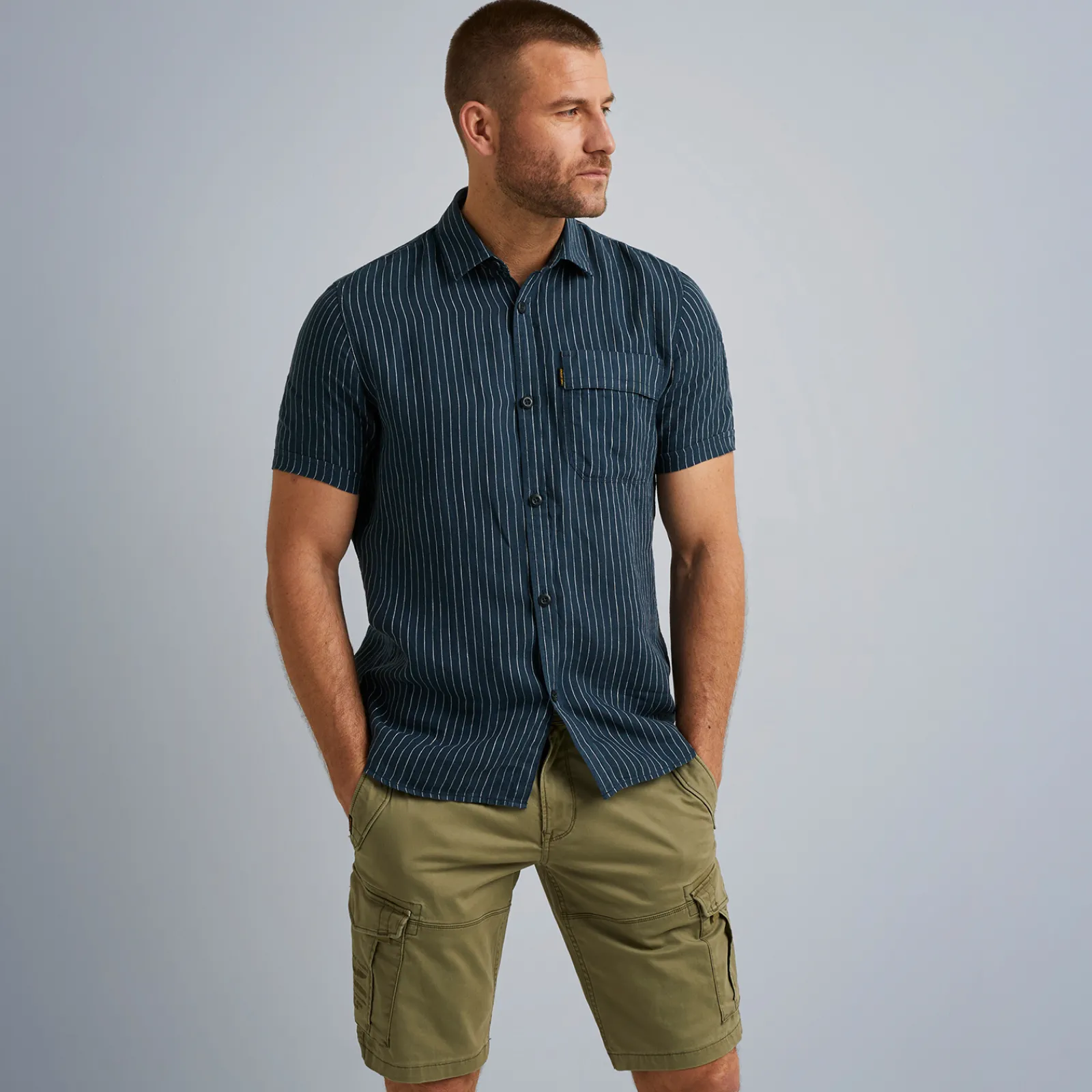 PME Legend Korte Mouwen Linnen Overhemd Blauw Flash Sale