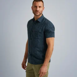 PME Legend Korte Mouwen Linnen Overhemd Blauw Flash Sale